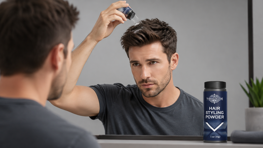 Man applying hair styling powder to short hair for volume and texture