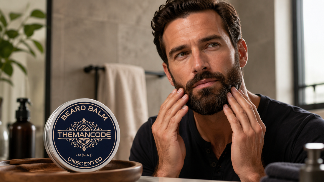Mature man applying beard balm as part of a daily beard grooming routine