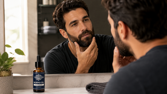 Man checking beard texture in mirror while using unscented beard oil for a softer and healthier beard